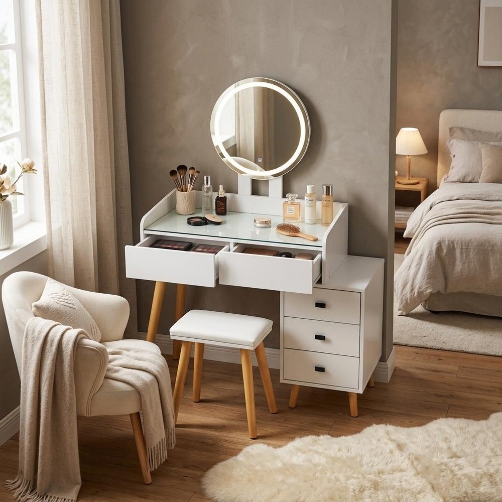 White Wood Mirrored Five Drawer Vanity Table - 46-inch