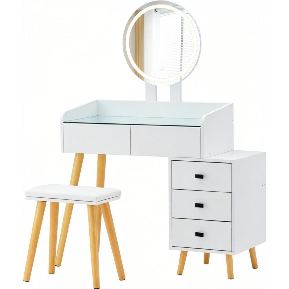 White Wood Mirrored Five Drawer Vanity Table - 46-inch
