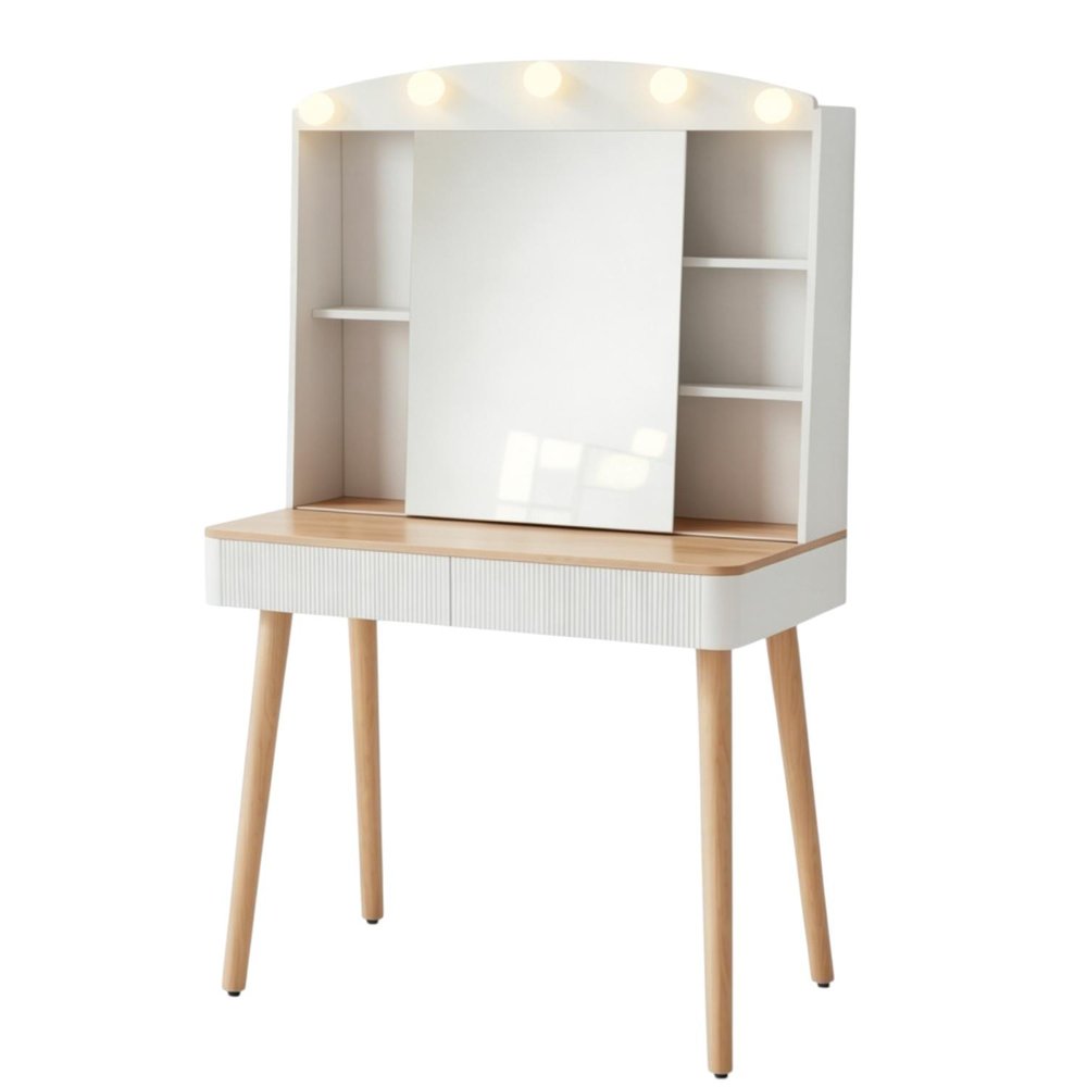 White Wood Mirrored Two Drawer Vanity Table - 32-inch