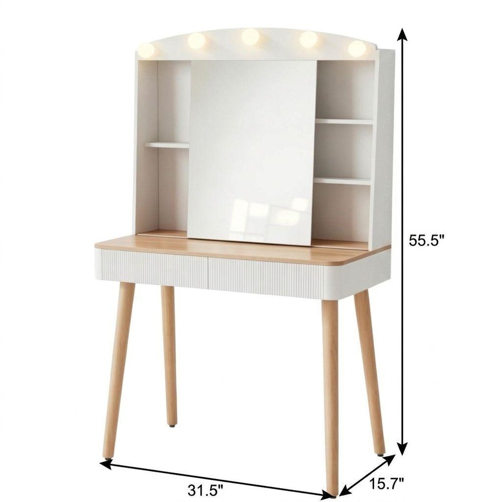 White Wood Mirrored Two Drawer Vanity Table - 32-inch