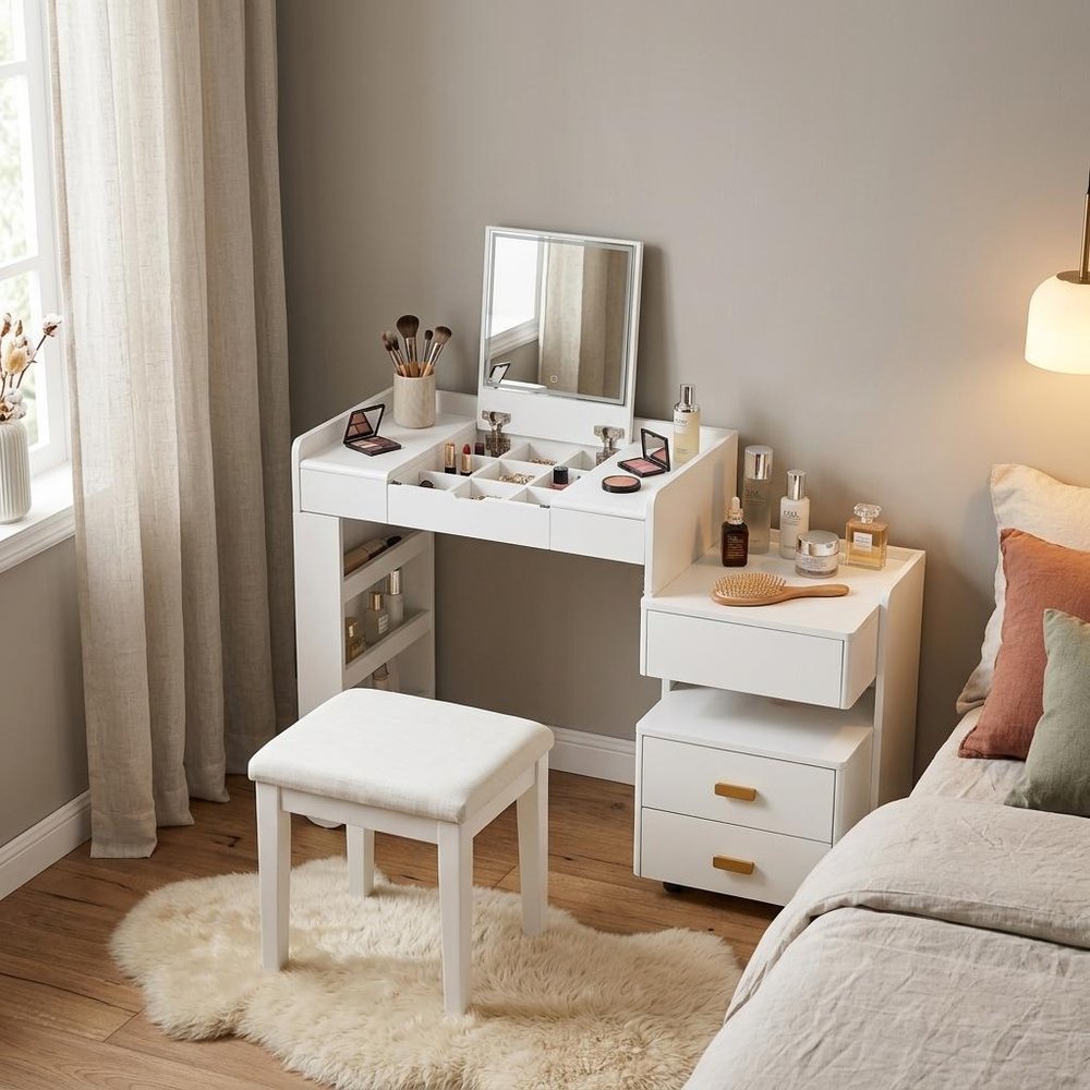 White Wood Five Drawer Vanity Table - 45-inch