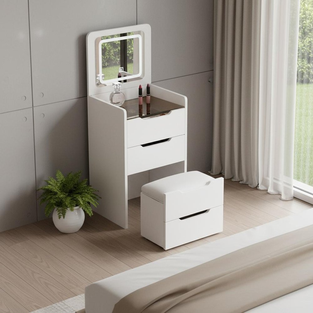 White Wood Mirrored Three Drawer Vanity Table - 19-inch