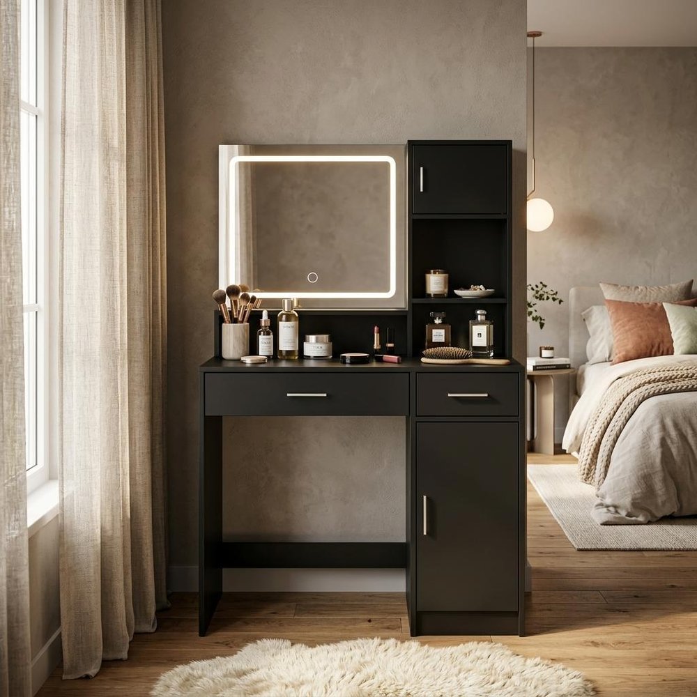 Black Wood Two Drawer Vanity Table - 35-inch