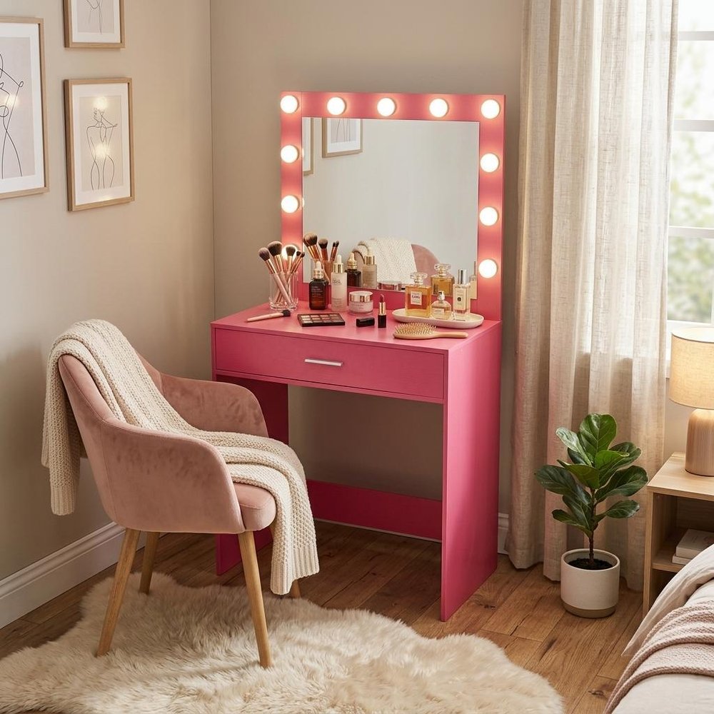 Pink Wood Mirrored Vanity Table - 28-inch