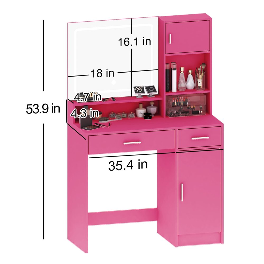 Pink Wood Mirrored Two Drawer Vanity Table - 35-inch