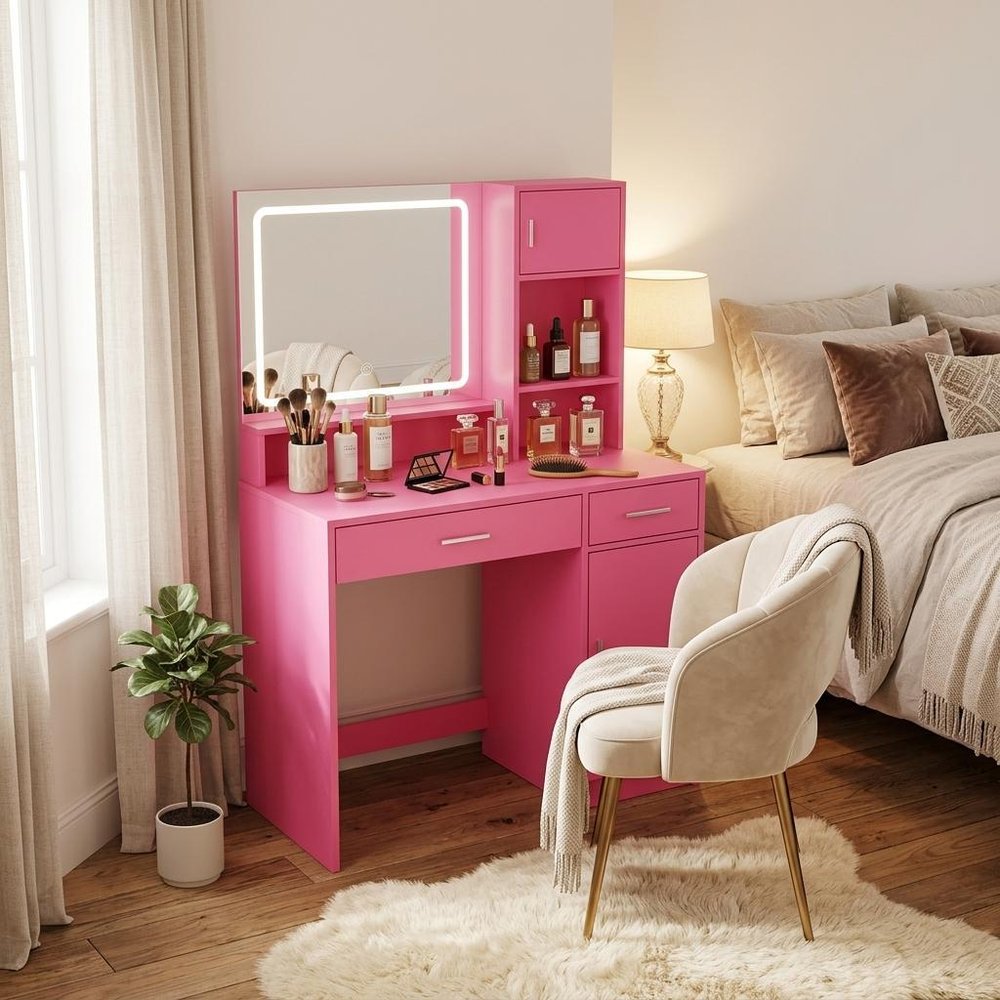 Pink Wood Mirrored Two Drawer Vanity Table - 35-inch