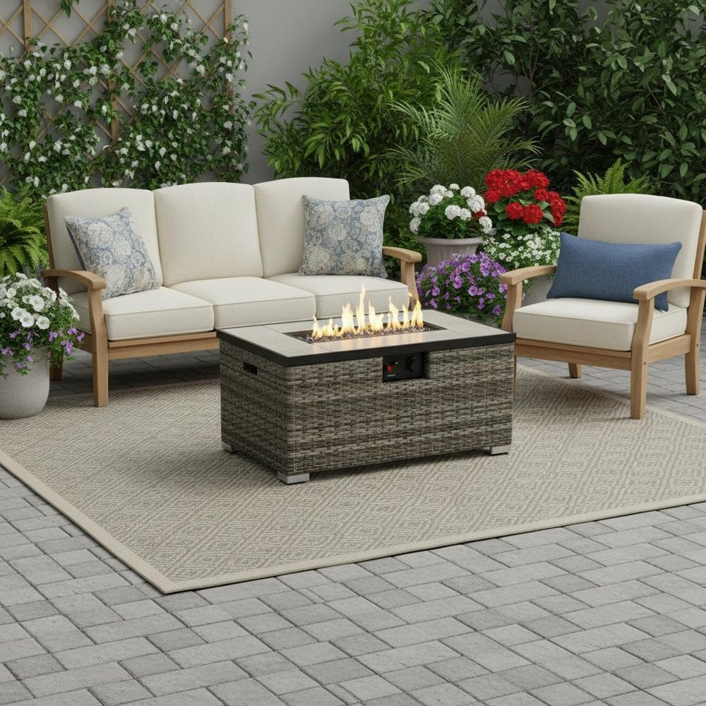 50000 Btu 32 Beige Iron Propane Rectangular Fire Pit with Cover