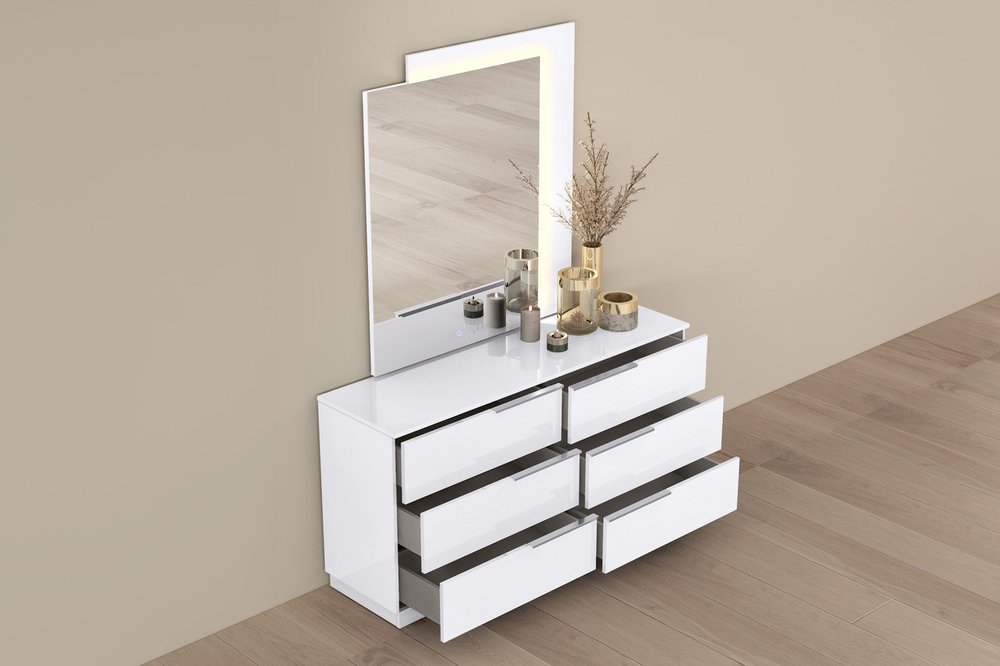 White Wood Six Drawer Double Dresser - 62-inch