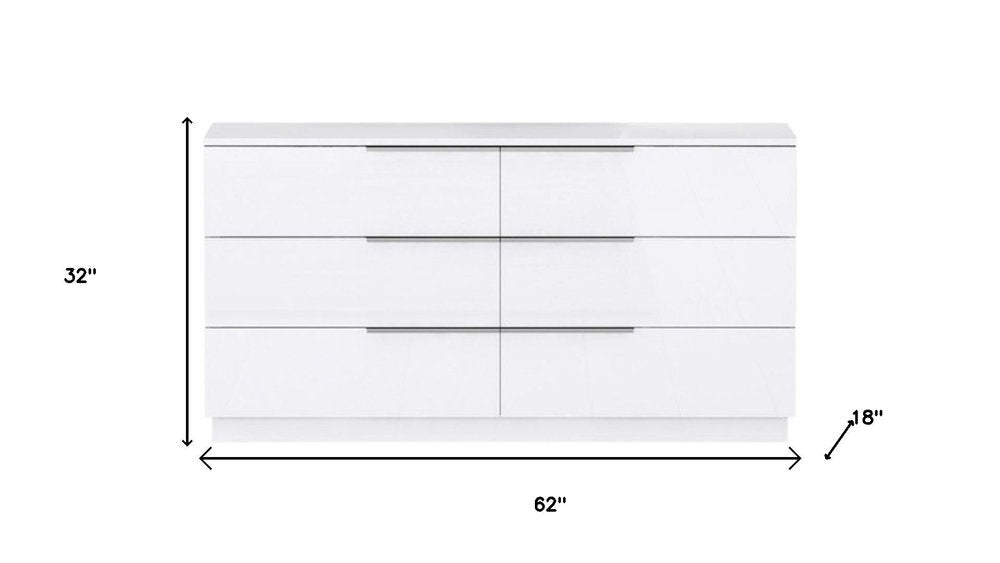 White Wood Six Drawer Double Dresser - 62-inch
