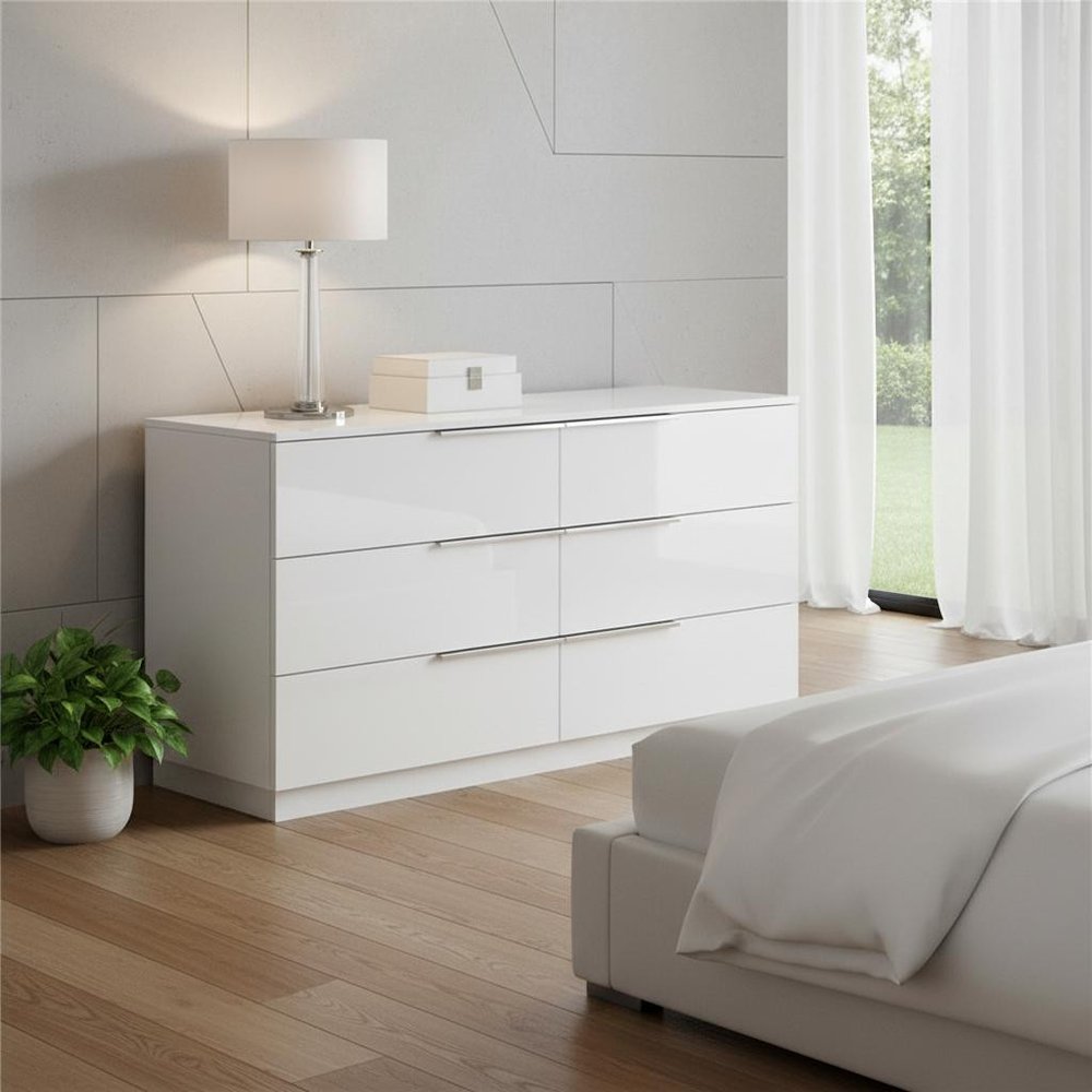 White Wood Six Drawer Double Dresser - 62-inch