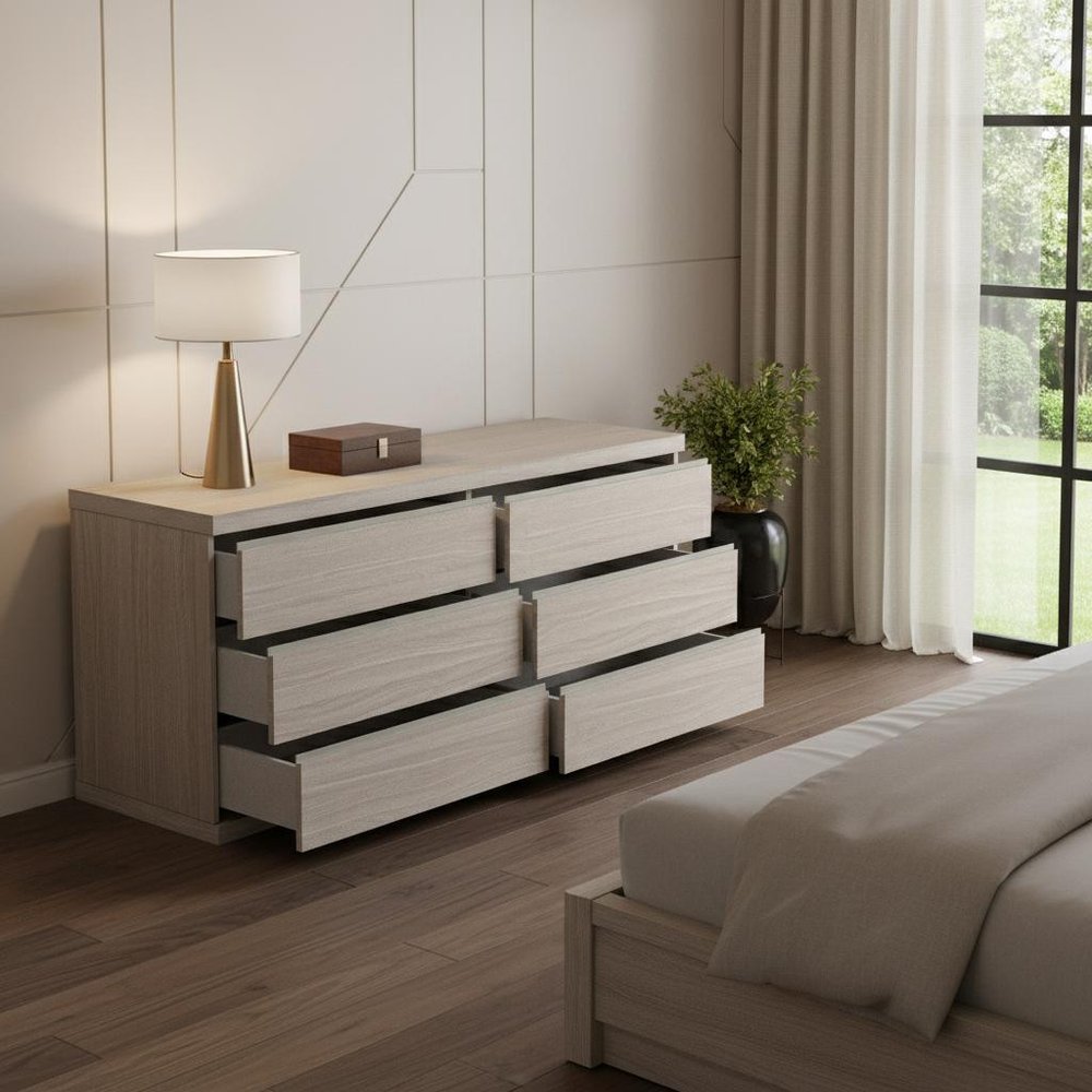 Oak Wood Six Drawer Double Dresser - 63-inch