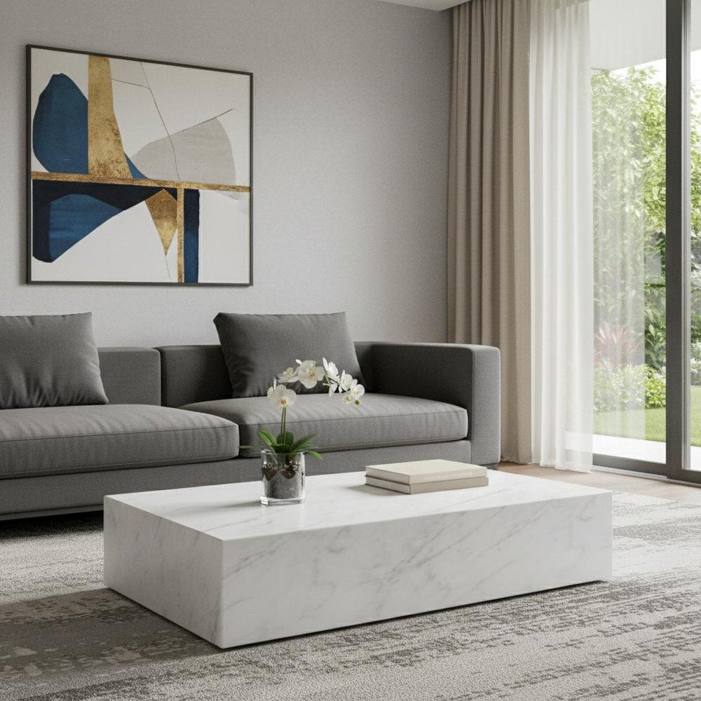 White Genuine Marble Block Coffee Table - 55-inch