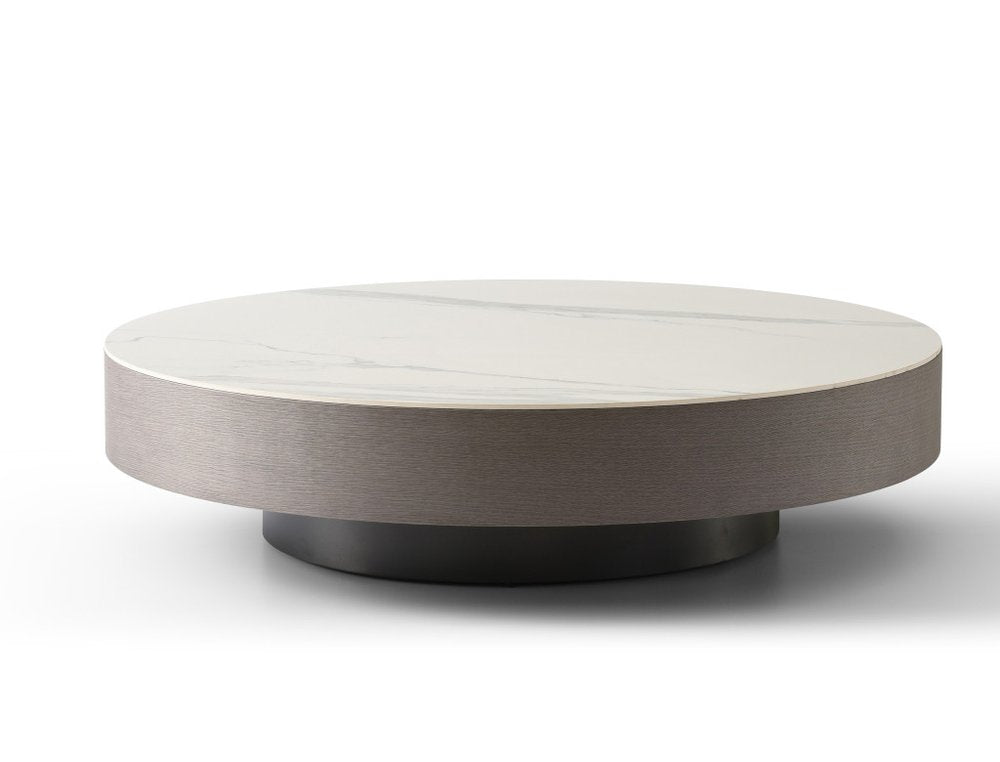 White and Gray Ceramic Tile and Wood Round Pedestal Coffee Table