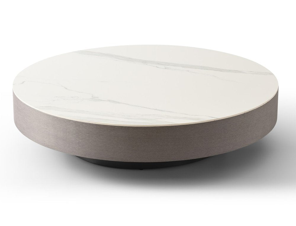 White and Gray Ceramic Tile and Wood Round Pedestal Coffee Table