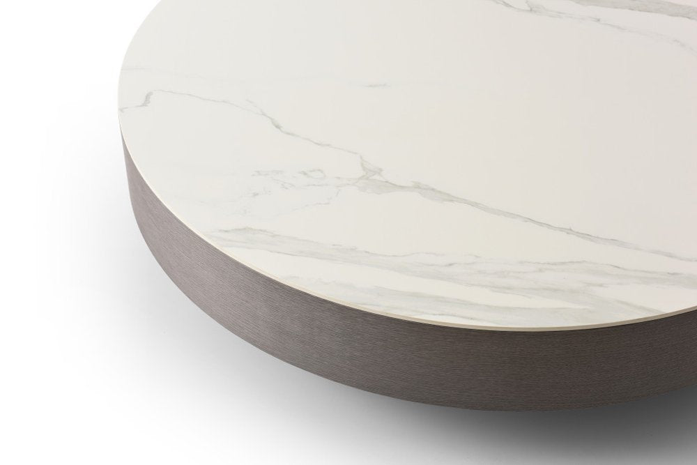 White and Gray Ceramic Tile and Wood Round Pedestal Coffee Table