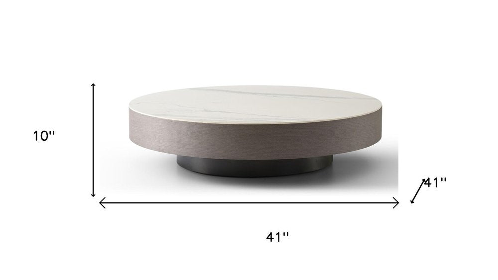 White and Gray Ceramic Tile and Wood Round Pedestal Coffee Table
