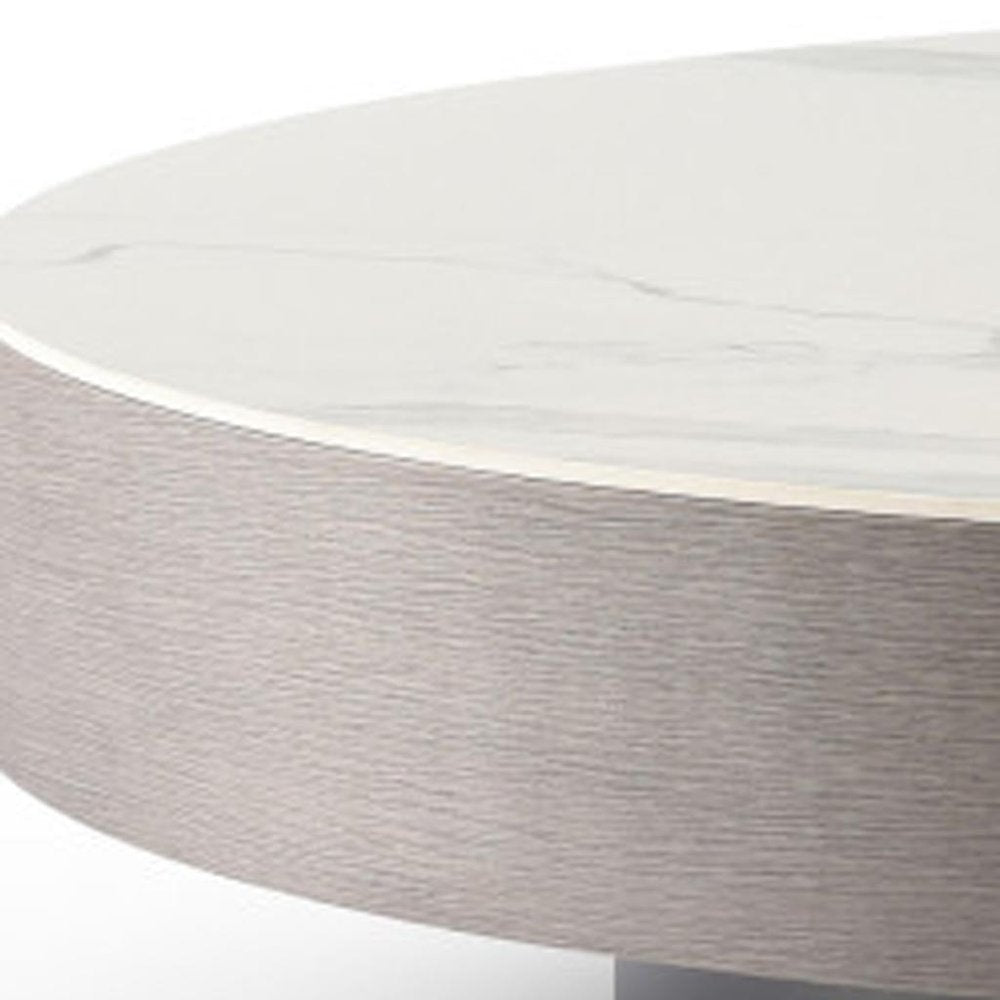 White and Gray Ceramic Tile and Wood Round Pedestal Coffee Table