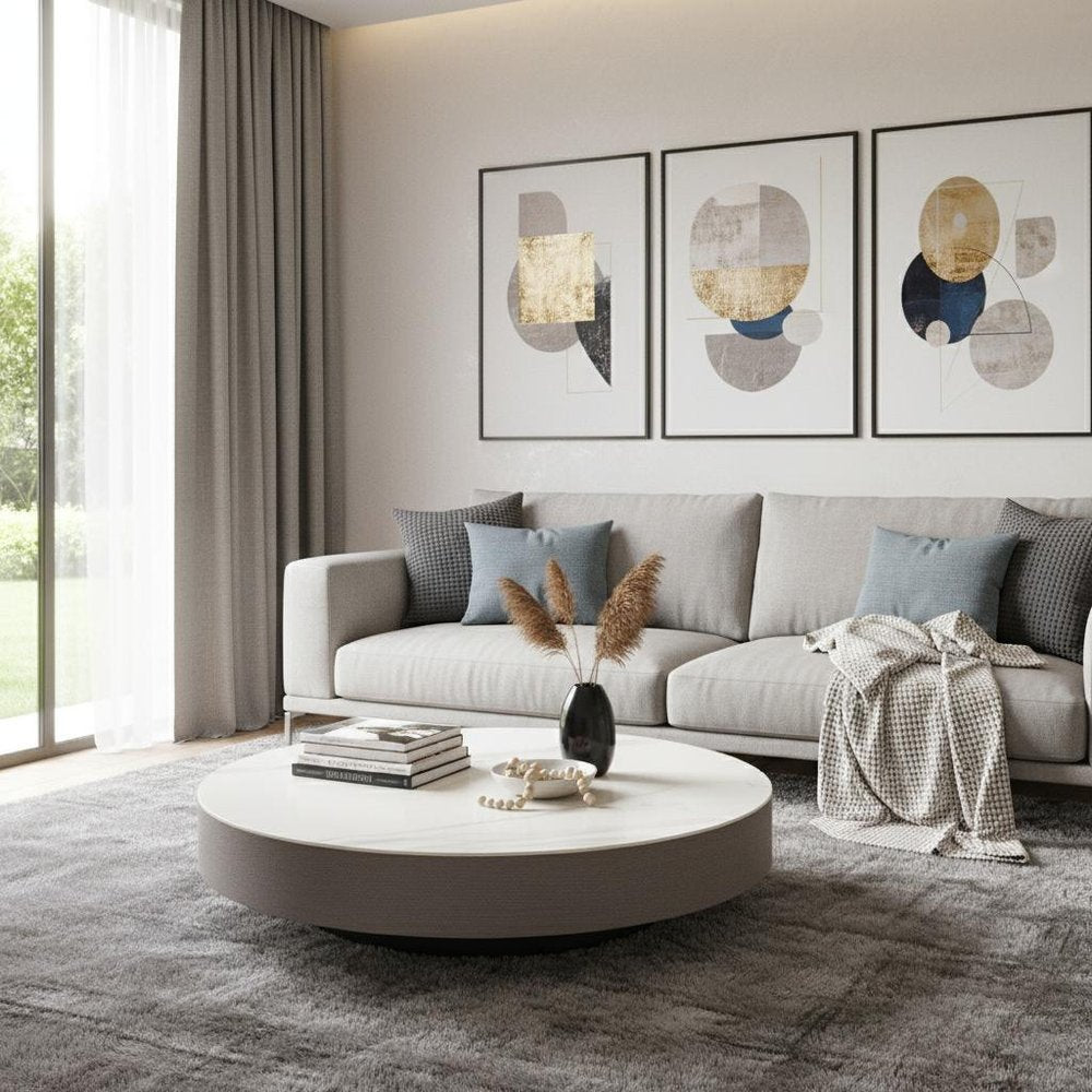 White and Gray Ceramic Tile and Wood Round Pedestal Coffee Table