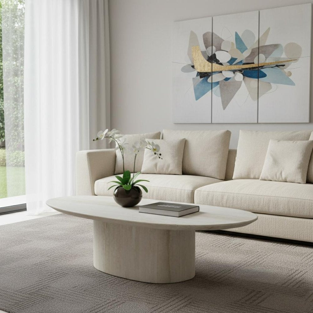 Beige Marble Oval Pedestal Coffee Table - 51-inch