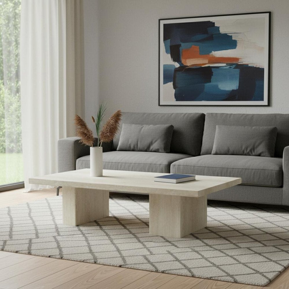 Beige Marble Double Pedestal Coffee Table - 55-inch