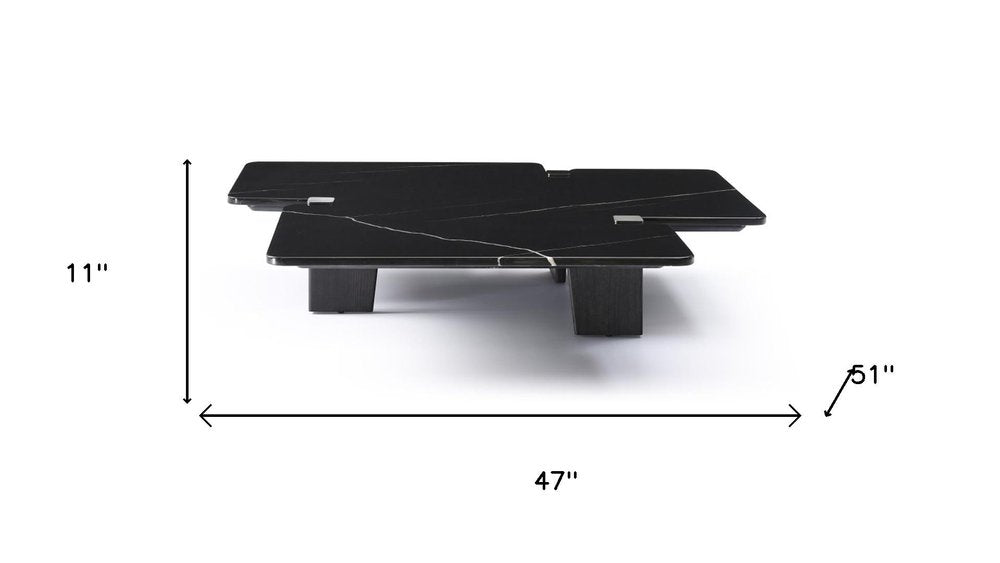 Black Genuine Marble and Solid Wood Free Form Coffee Table - 47-inch
