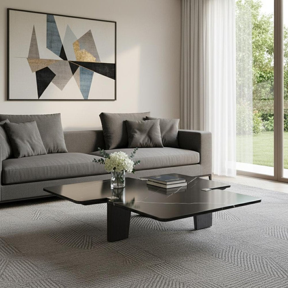 Black Genuine Marble and Solid Wood Free Form Coffee Table - 47-inch