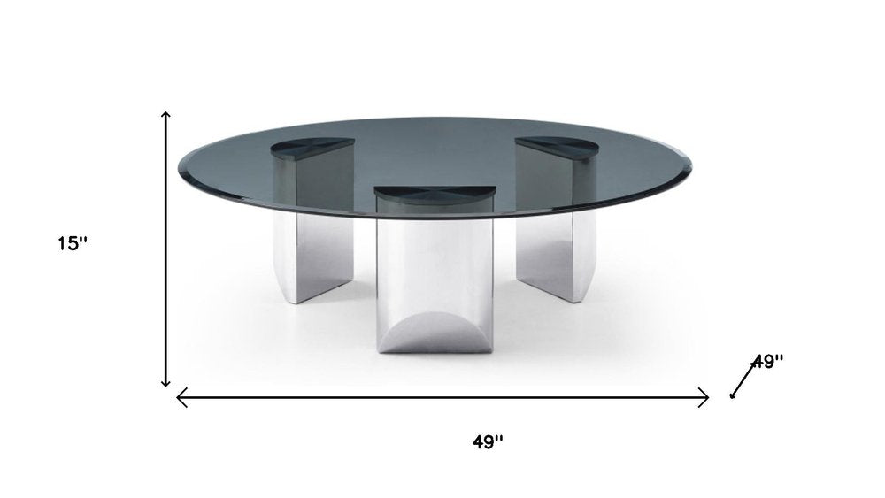 Black and Silver Mirrored Glass and Stainless Steel Round Coffee Table