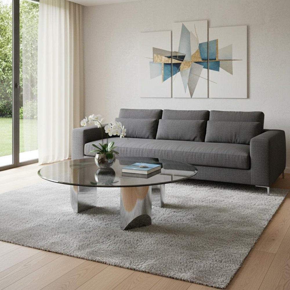 Black and Silver Mirrored Glass and Stainless Steel Round Coffee Table