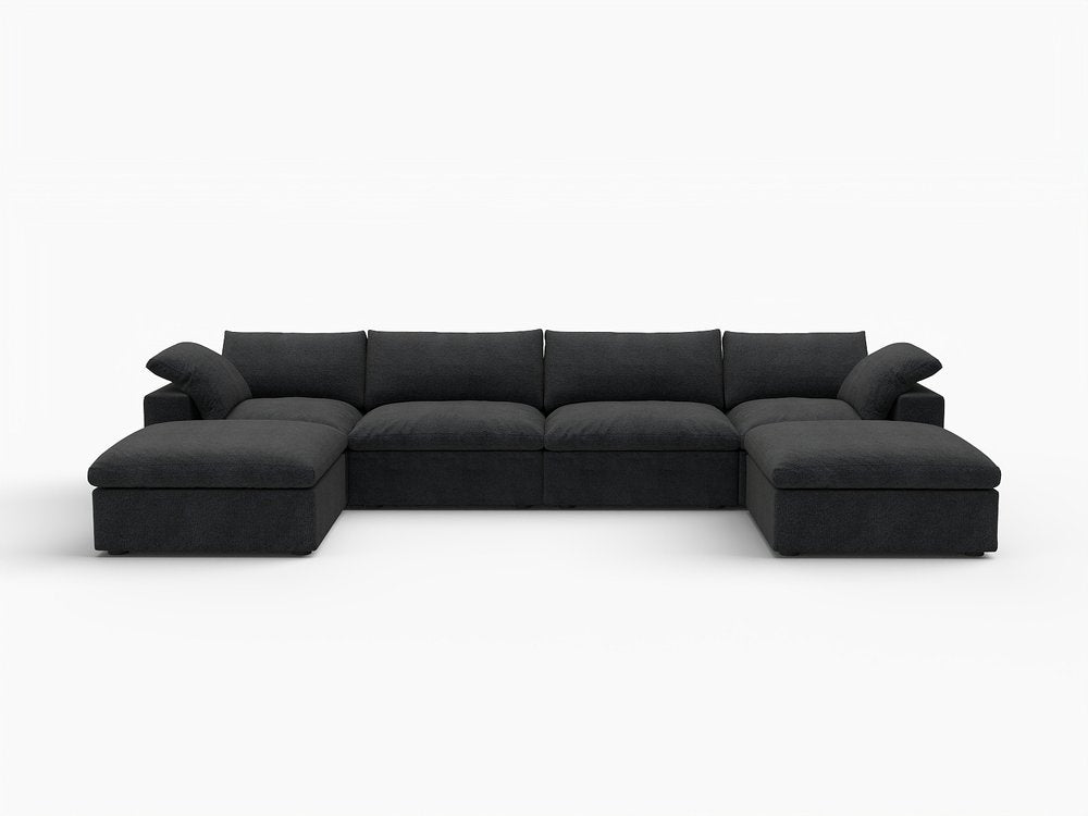 Black Linen Blend Modular Sofa with Ottomans Toss Pillows and Storage