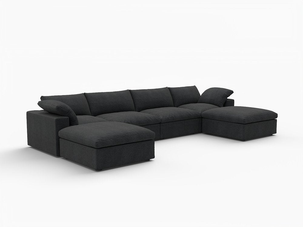 Black Linen Blend Modular Sofa with Ottomans Toss Pillows and Storage