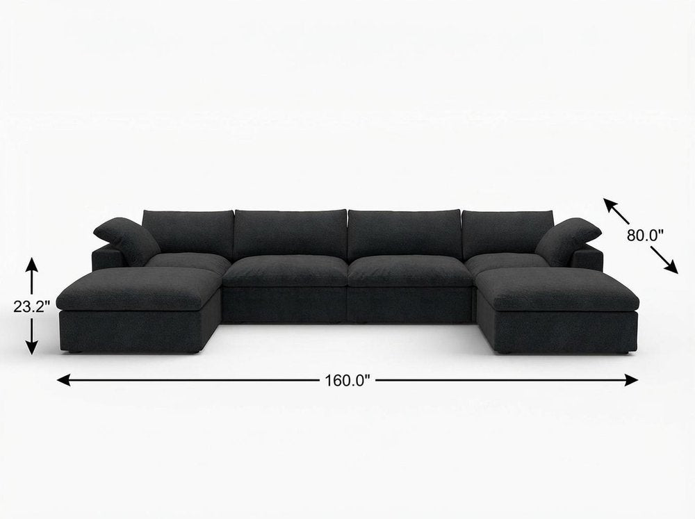Black Linen Blend Modular Sofa with Ottomans Toss Pillows and Storage
