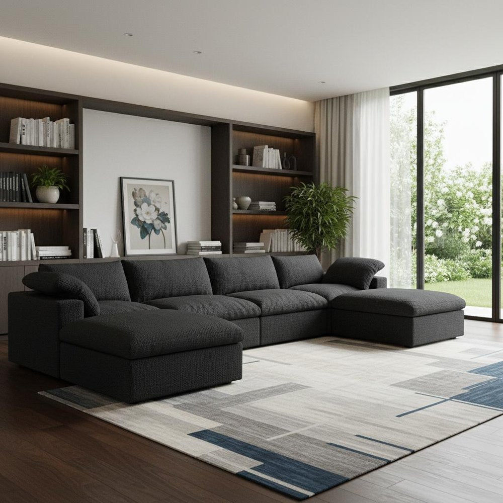 Black Linen Blend Modular Sofa with Ottomans Toss Pillows and Storage