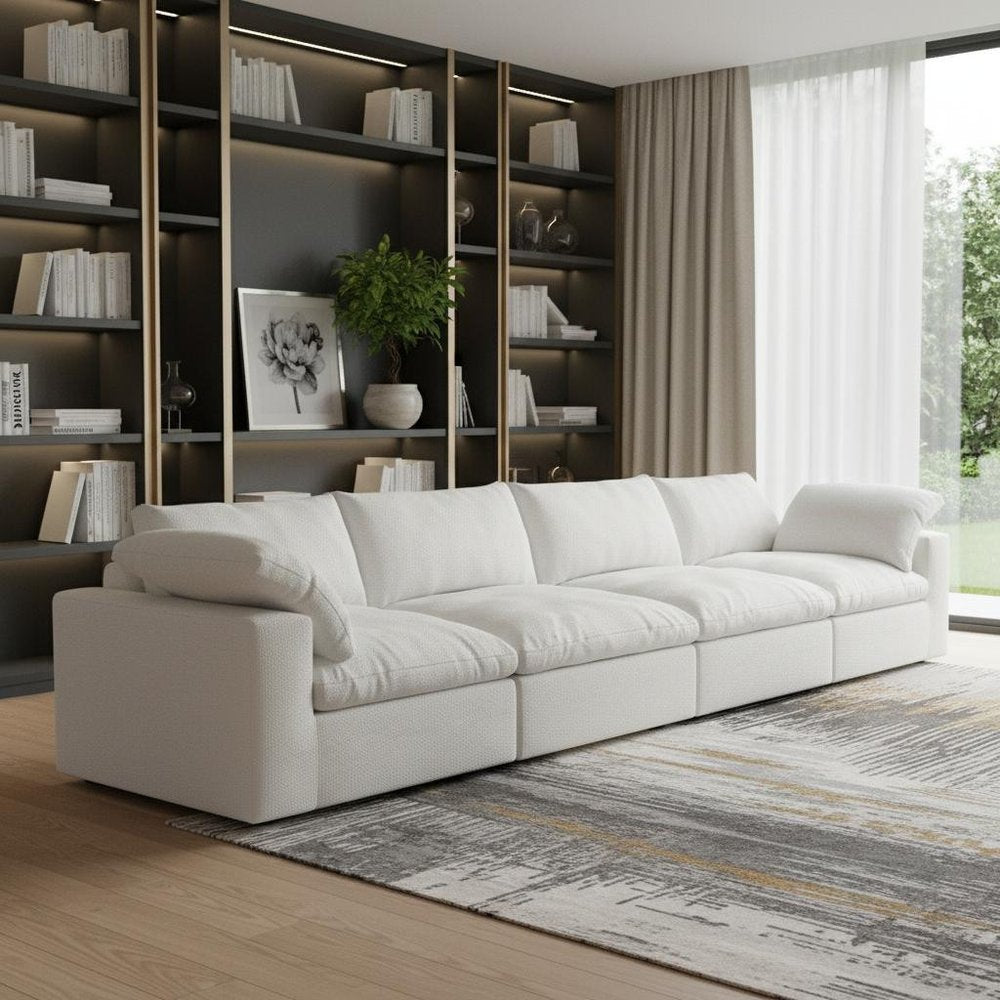 White Linen Blend Modular Sofa with Toss Pillows - 160-inch