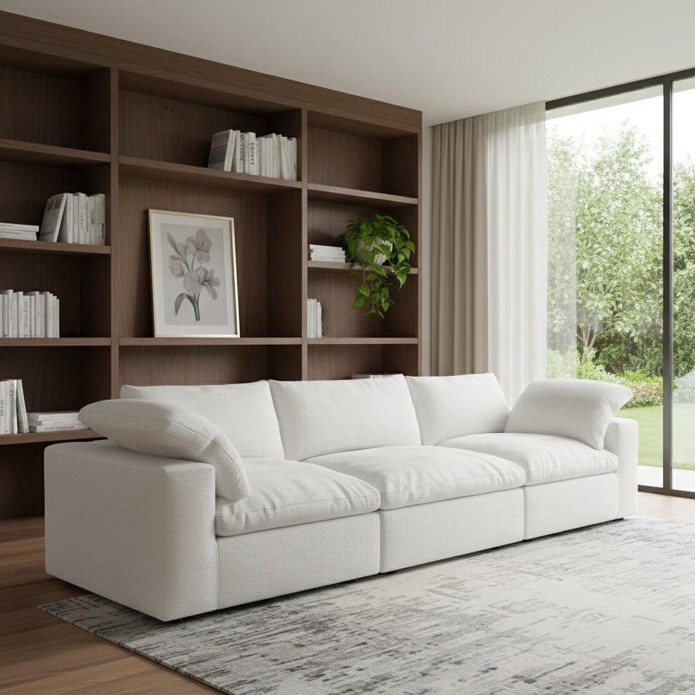 White Linen Blend Modular Sofa with Toss Pillows - 120-inch