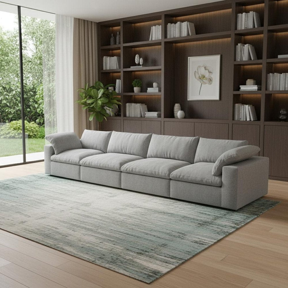 White Linen Blend Modular Sofa with Toss Pillows - 160-inch