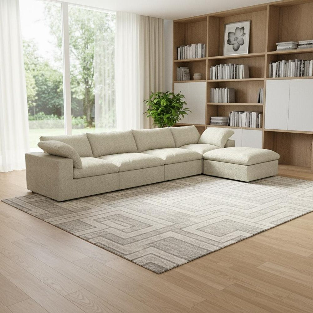 Khaki Linen Blend Modular Sofa with Ottoman and Toss Pillows - 160-inch