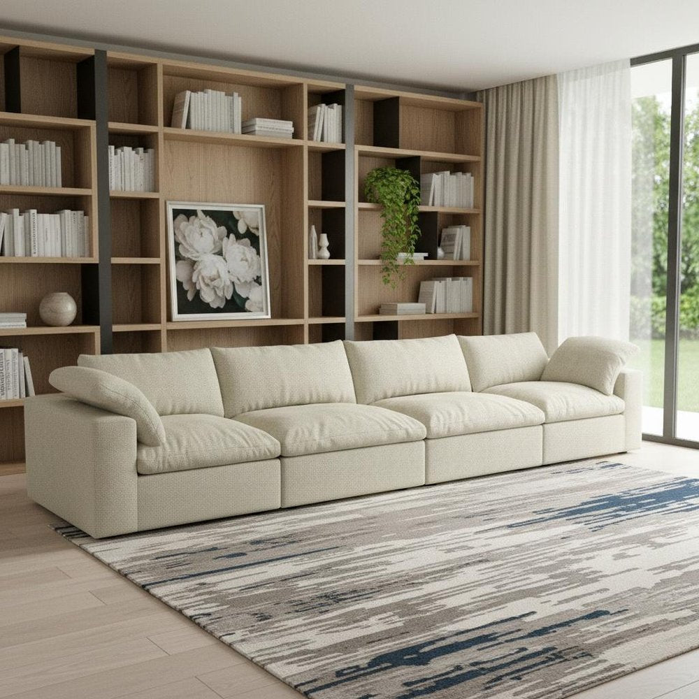 White Linen Blend Modular Sofa with Toss Pillows - 160-inch