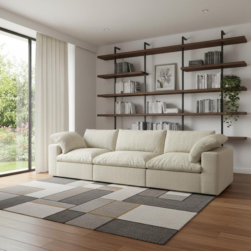 Khaki Linen Blend Modular Sofa with Toss Pillows - 120-inch