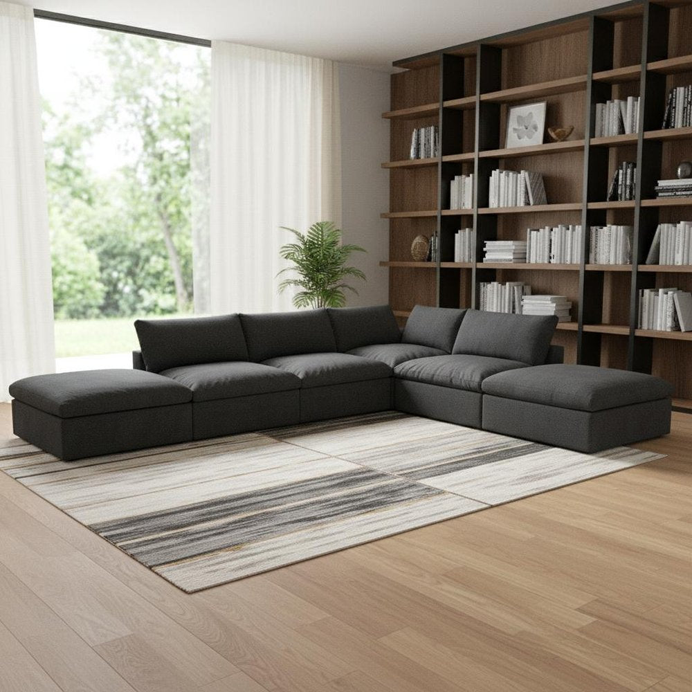Black Linen Blend Modular Armless Sofa with Ottomans and Storage