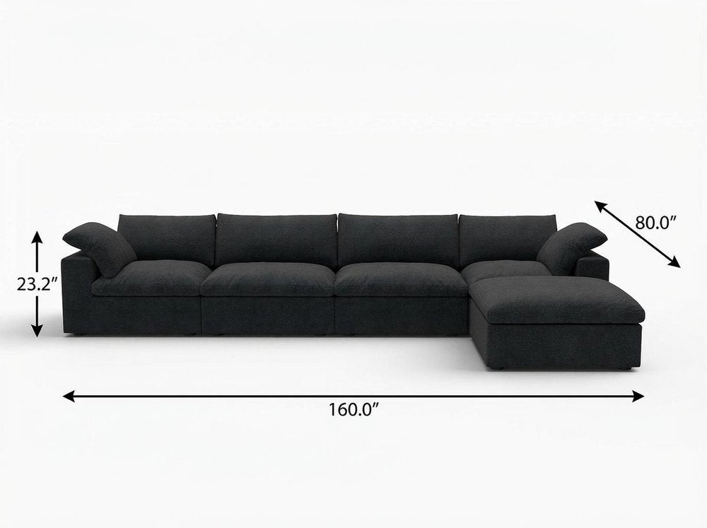 Black Linen Blend Modular Right Sofa with Ottoman and Toss Pillows