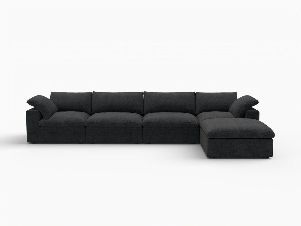 Black Linen Blend Modular Right Sofa with Ottoman and Toss Pillows