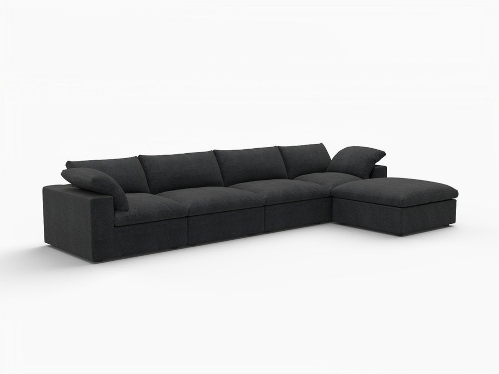 Black Linen Blend Modular Right Sofa with Ottoman and Toss Pillows