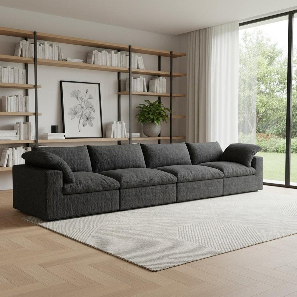 White Linen Blend Modular Sofa with Toss Pillows - 160-inch