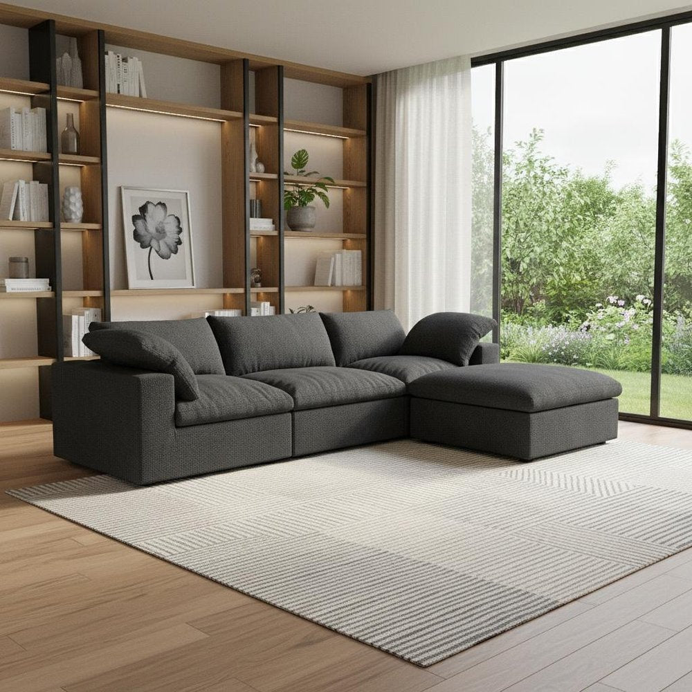 Black Linen Blend Modular Sofa with Ottoman and Storage - 120-inch