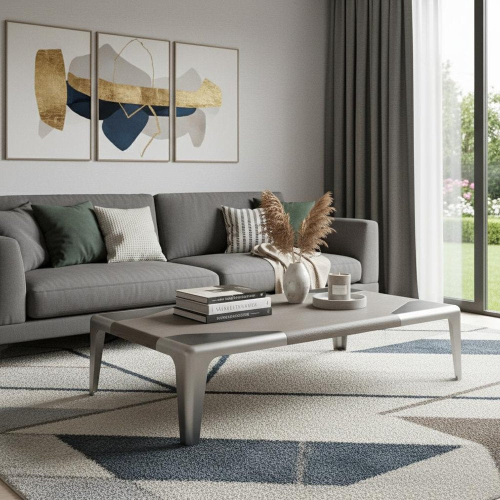 Light Gray and Silver Wood and Stainless Steel Coffee Table - 57-inch