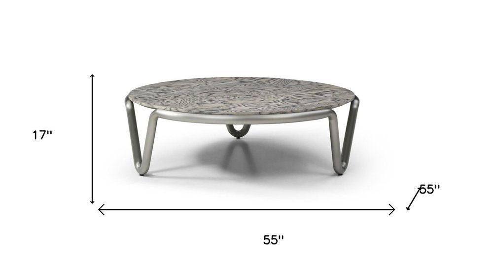 Gray and Silver Wood and Stainless Steel Round Coffee Table - 55-inch