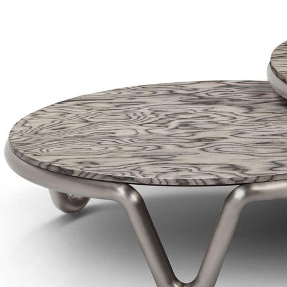 Gray and Silver Wood and Stainless Steel Round Coffee Table - 55-inch