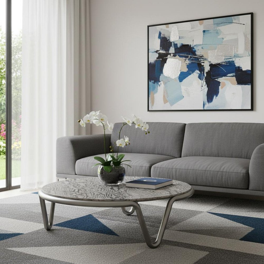 Gray and Silver Wood and Stainless Steel Round Coffee Table - 55-inch