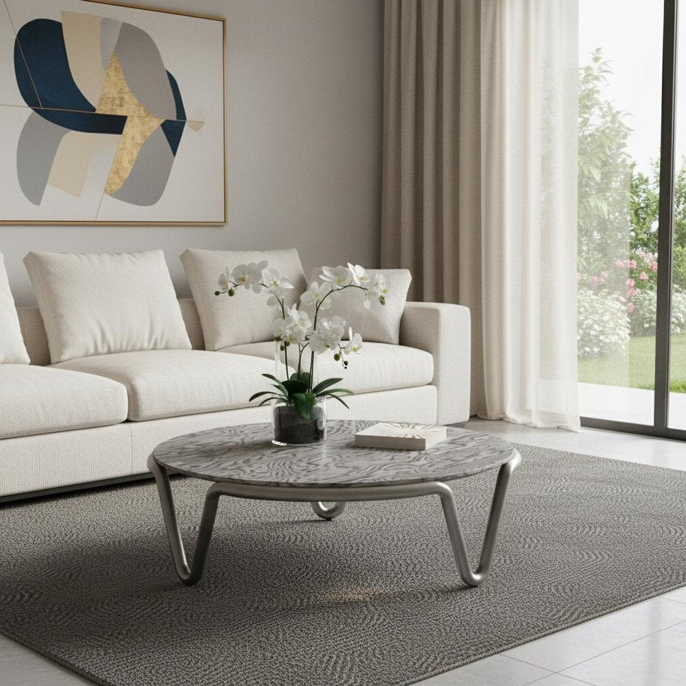 Gray and Silver Wood and Stainless Steel Round Coffee Table - 43-inch