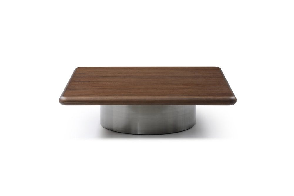 Brown and Silver Wood and Stainless Steel Square Pedestal Coffee Table
